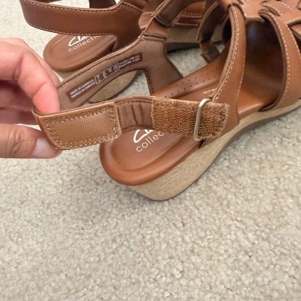 Clarks Collection Women x Jane Leather Tan Brown Strappy Wedge Sandals 9.5 M
